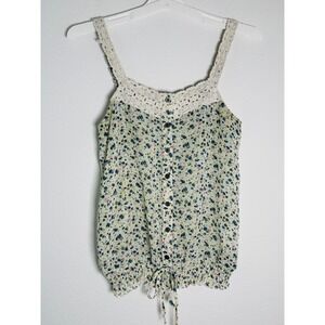 1010 Floral Crochet Lace Trim Button Front Smocked Hem Camisole Top Small